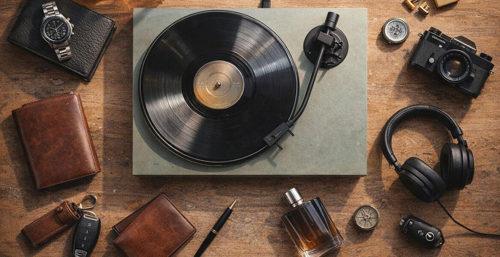 Sélection d'objets cadeaux originaux disposés sur une table en chêne