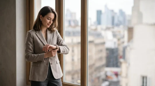 Jeune professionnel ajustant discrètement une montre minimaliste avant un entretien d'embauche dans un bureau parisien lumineux