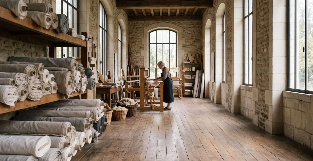 Atelier de confection textile français baigné de lumière naturelle, symbole de transparence et de savoir-faire éthique
