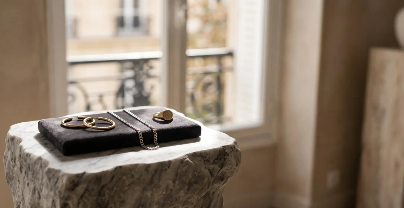 Bijoux en or et en argent disposes en clair-obscur symbolisant l'intemporalite du style francais
