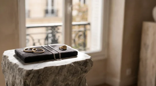 Bijoux en or et en argent disposes en clair-obscur symbolisant l'intemporalite du style francais