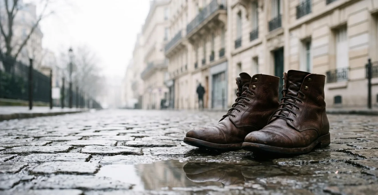 Paire de boots en cuir marron posées sur un trottoir parisien humide en hiver, ambiance editoriale