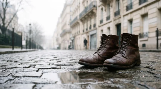 Paire de boots en cuir marron posées sur un trottoir parisien humide en hiver, ambiance editoriale