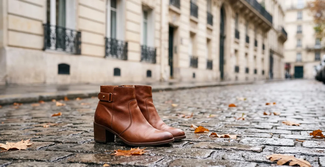 Paire de bottines en cuir posée sur un pavé parisien, entre élégance urbaine et polyvalence saisonnière