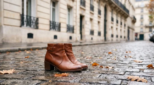 Paire de bottines en cuir posée sur un pavé parisien, entre élégance urbaine et polyvalence saisonnière
