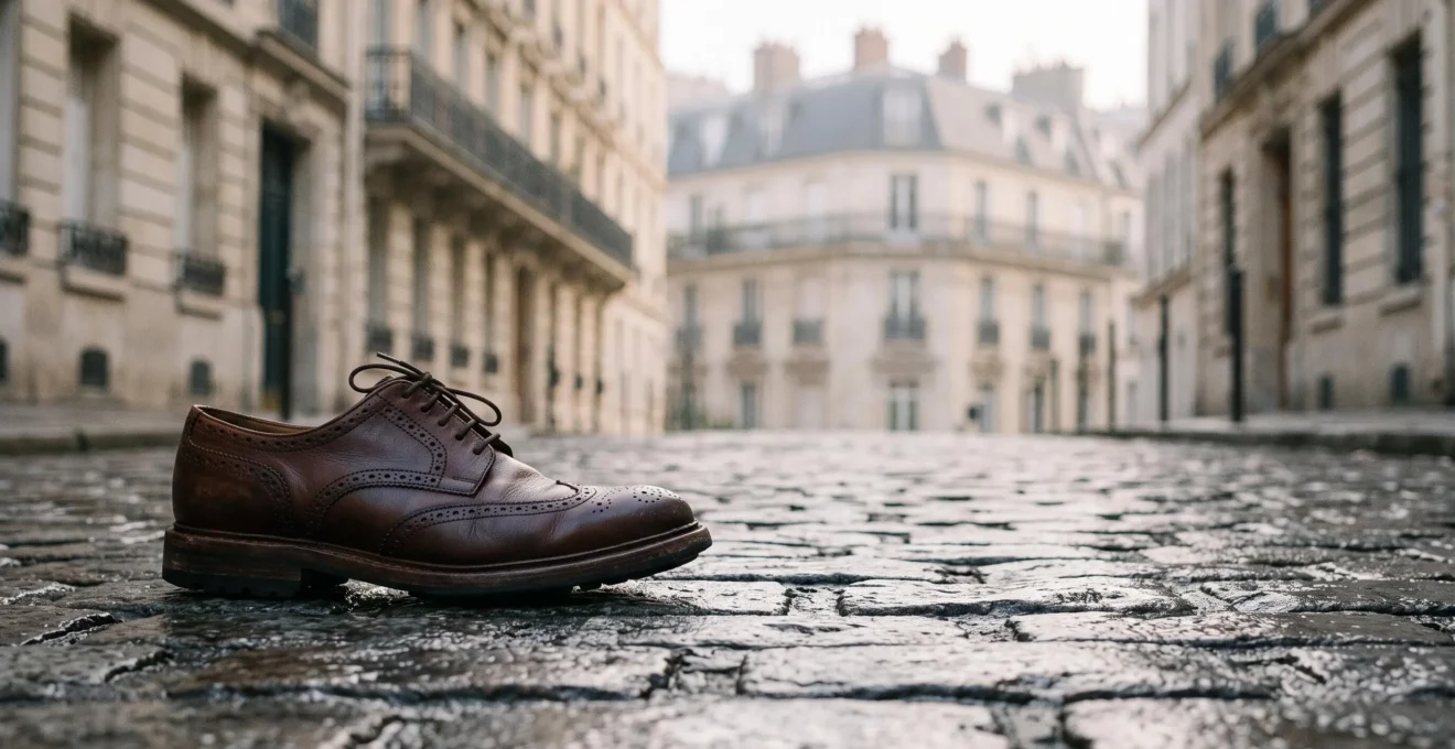 Chaussure élégante posée sur un trottoir parisien pavé, symbolisant le soutien plantaire optimal