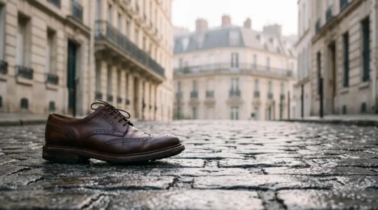 Chaussure élégante posée sur un trottoir parisien pavé, symbolisant le soutien plantaire optimal