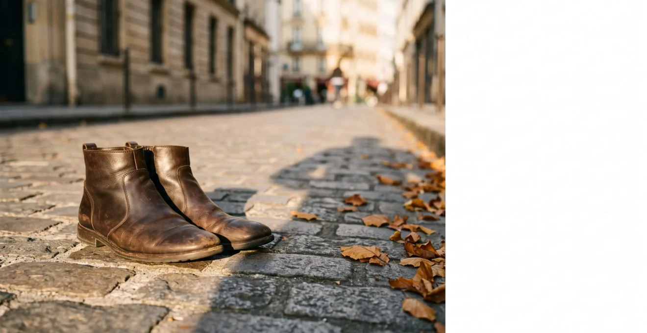 Une paire de chaussures posée sur un pavé parisien, symbole d'un choix de consommation engagé et politique
