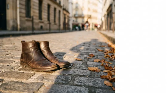Une paire de chaussures posée sur un pavé parisien, symbole d'un choix de consommation engagé et politique