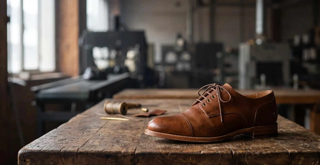 Paire de chaussures en cuir posee sur un etabli en bois d'atelier, symbole de la tracabilite et de l'ethique de fabrication