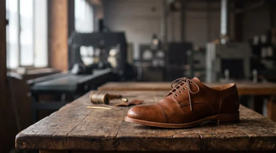 Paire de chaussures en cuir posee sur un etabli en bois d'atelier, symbole de la tracabilite et de l'ethique de fabrication
