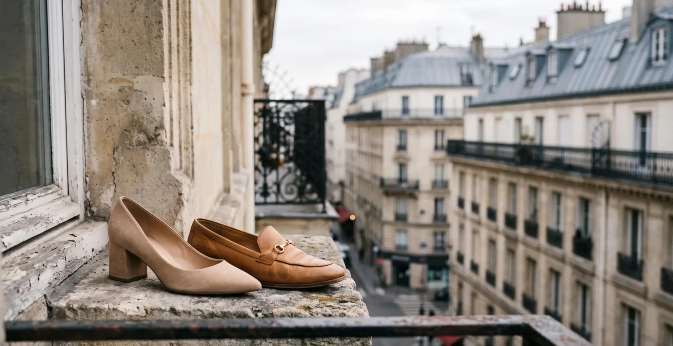 Escarpins et derbies elegants poses sur un rebord de fenetre haussmannienne parisienne, symbole du chic accessible