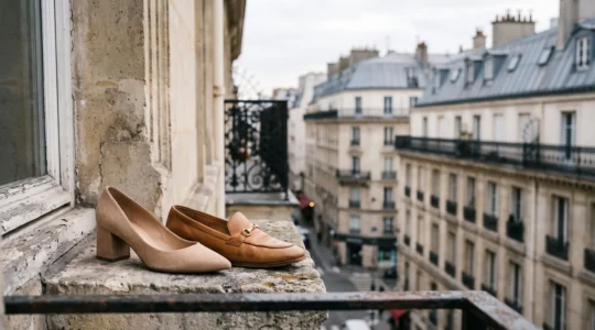 Escarpins et derbies elegants poses sur un rebord de fenetre haussmannienne parisienne, symbole du chic accessible
