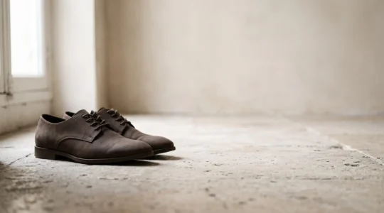 Paire de chaussures vegan élégantes posées sur un sol texturé, illustrant une alternative de style au cuir animal