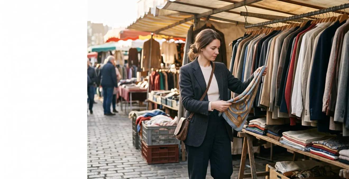Jeune femme élégante examinant un foulard en soie vintage sur un étal de brocante parisienne, lumière naturelle du matin
