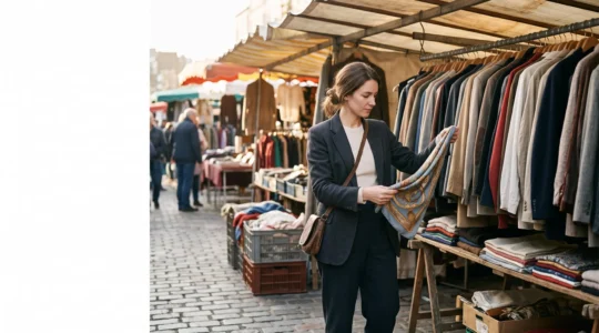 Jeune femme élégante examinant un foulard en soie vintage sur un étal de brocante parisienne, lumière naturelle du matin