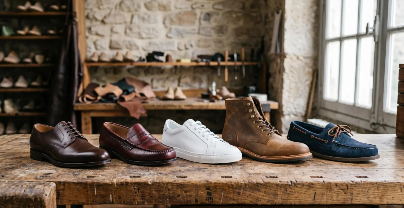 Composition éditoriale de cinq paires de chaussures homme incontournables disposées sur un plan de travail en bois brut, dans un style atelier français.