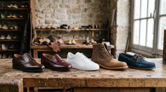 Composition éditoriale de cinq paires de chaussures homme incontournables disposées sur un plan de travail en bois brut, dans un style atelier français.