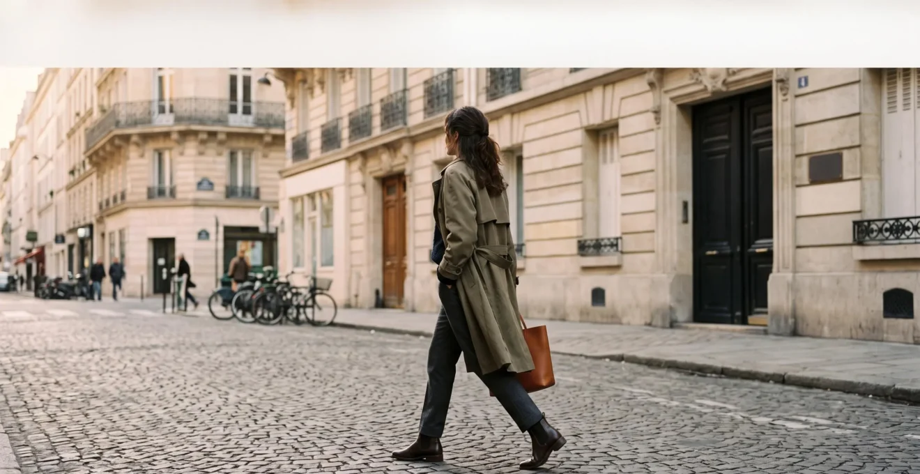 Femme élégante marchant sur un trottoir pavé parisien, silhouette illustrant le lien entre posture et chaussures