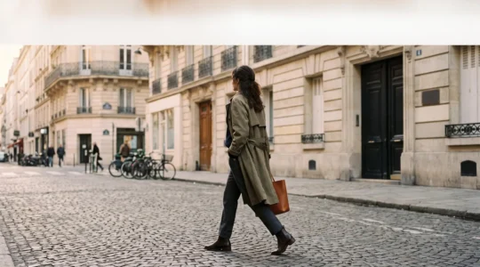 Femme élégante marchant sur un trottoir pavé parisien, silhouette illustrant le lien entre posture et chaussures