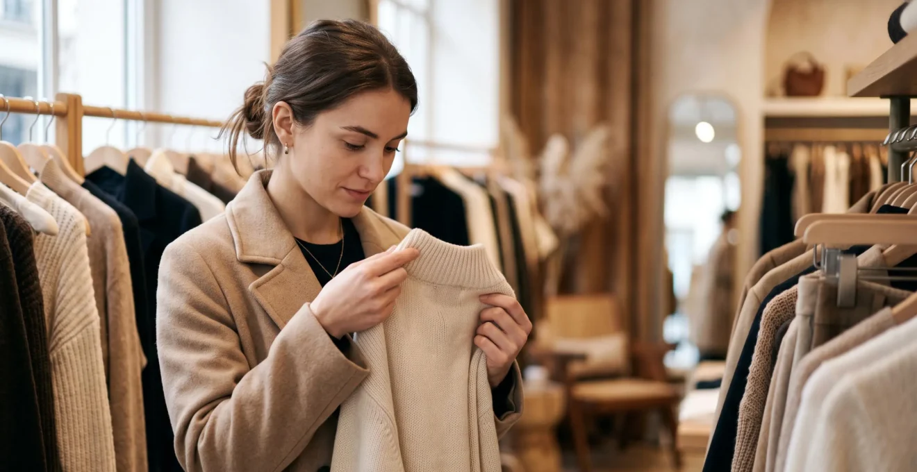 Une consommatrice examine attentivement l'etiquette d'un vetement dans une boutique de mode a Paris, symbolisant la recherche de labels fiables