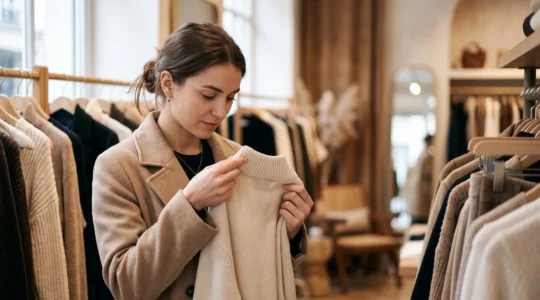 Une consommatrice examine attentivement l'etiquette d'un vetement dans une boutique de mode a Paris, symbolisant la recherche de labels fiables