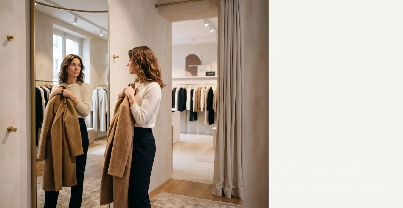 Femme pensive tenant un vêtement devant un miroir de cabine d'essayage, symbolisant l'hésitation avant un achat coup de cœur