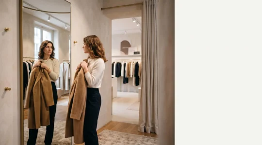 Femme pensive tenant un vêtement devant un miroir de cabine d'essayage, symbolisant l'hésitation avant un achat coup de cœur