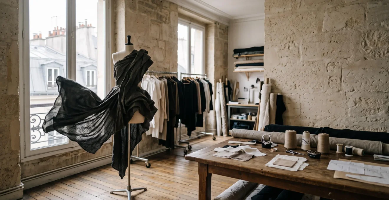 Silhouette de mode avant-gardiste dans un atelier parisien baigne de lumiere naturelle, symbolisant les createurs qui inventeront la mode de demain