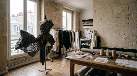 Silhouette de mode avant-gardiste dans un atelier parisien baigne de lumiere naturelle, symbolisant les createurs qui inventeront la mode de demain