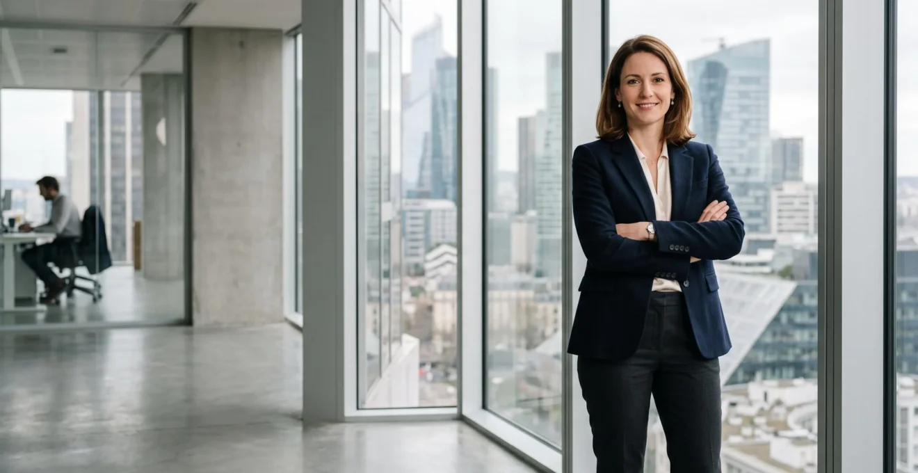 Femme d'affaires élégante en tenue de bureau avec un décolleté discret et structuré, dans un environnement professionnel parisien