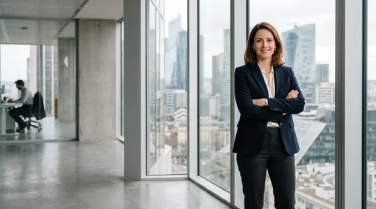 Femme d'affaires élégante en tenue de bureau avec un décolleté discret et structuré, dans un environnement professionnel parisien
