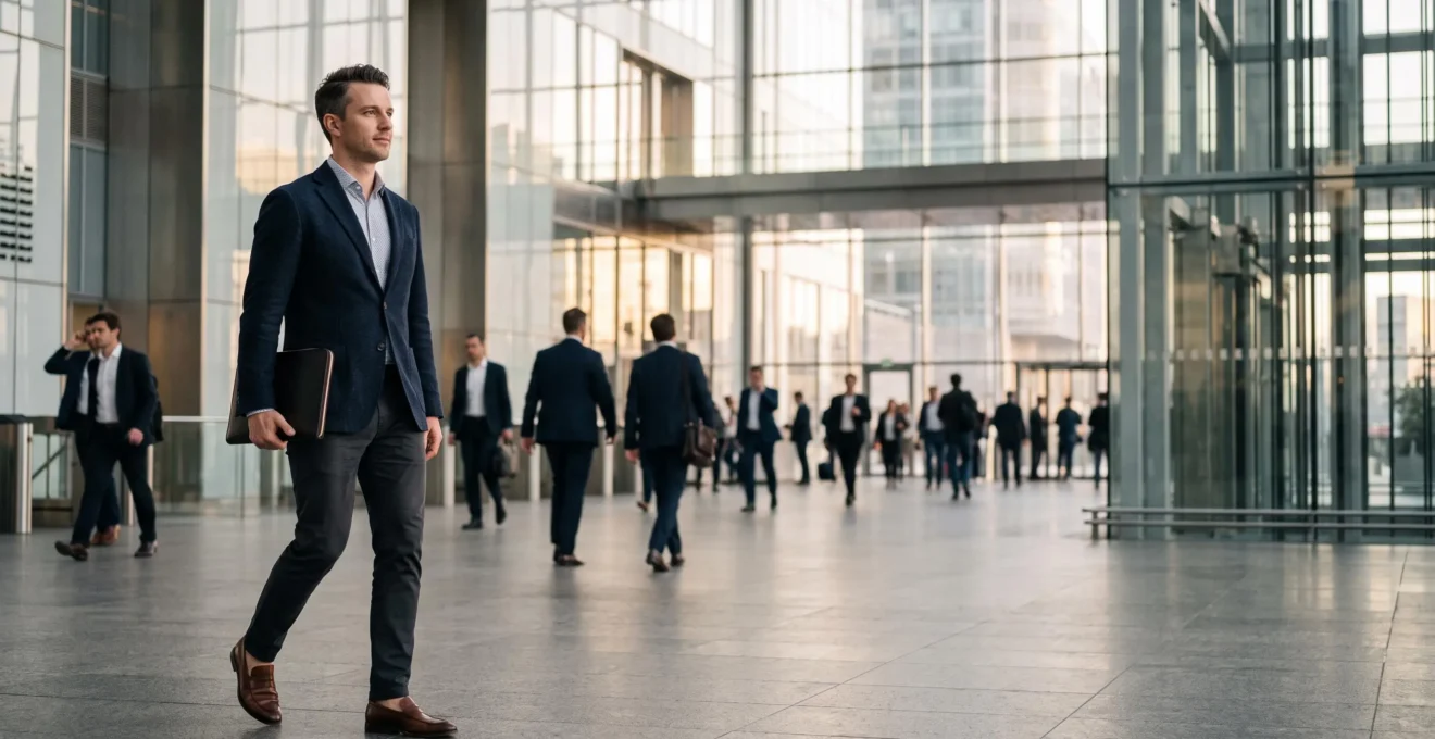 Silhouette professionnelle en tenue business casual traversant un hall de bureau moderne parisien, symbolisant l'adaptation aux codes vestimentaires de l'entreprise
