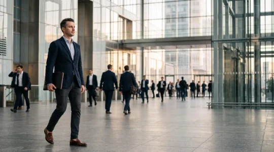 Silhouette professionnelle en tenue business casual traversant un hall de bureau moderne parisien, symbolisant l'adaptation aux codes vestimentaires de l'entreprise