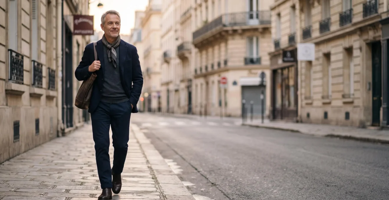 Homme d'environ 50 ans en manteau et foulard de soie, silhouette élégante et décontractée dans une rue parisienne au petit matin