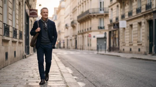 Homme d'environ 50 ans en manteau et foulard de soie, silhouette élégante et décontractée dans une rue parisienne au petit matin