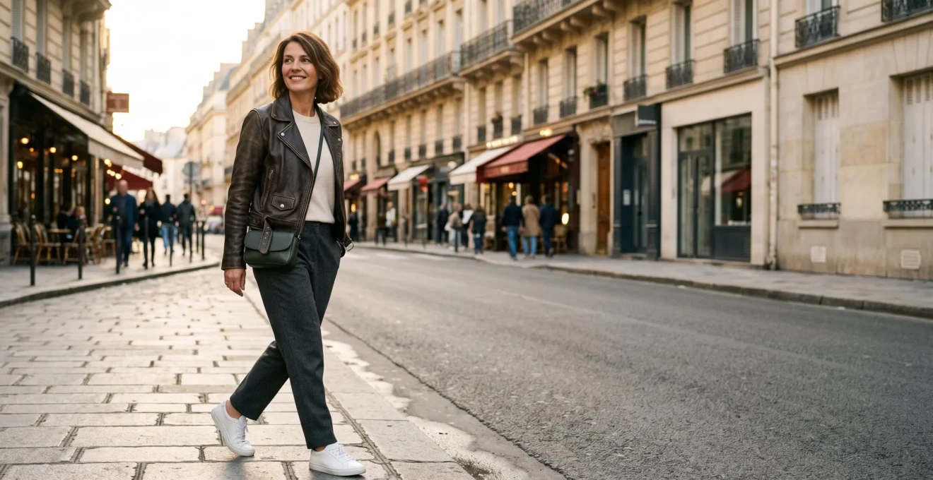 Femme quarantenaire élégante en tenue mi-classique mi-moderne dans une rue parisienne haussmannienne, symbolisant l'évolution du style après 40 ans
