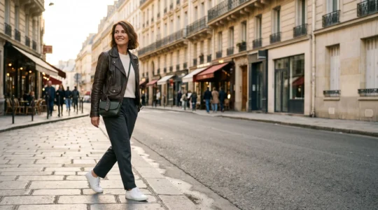 Femme quarantenaire élégante en tenue mi-classique mi-moderne dans une rue parisienne haussmannienne, symbolisant l'évolution du style après 40 ans