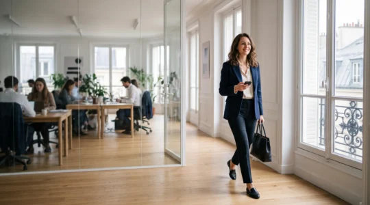 Jeune femme cadre traversant un bureau parisien lumineux, vêtue d'un tailleur et de chaussures plates élégantes