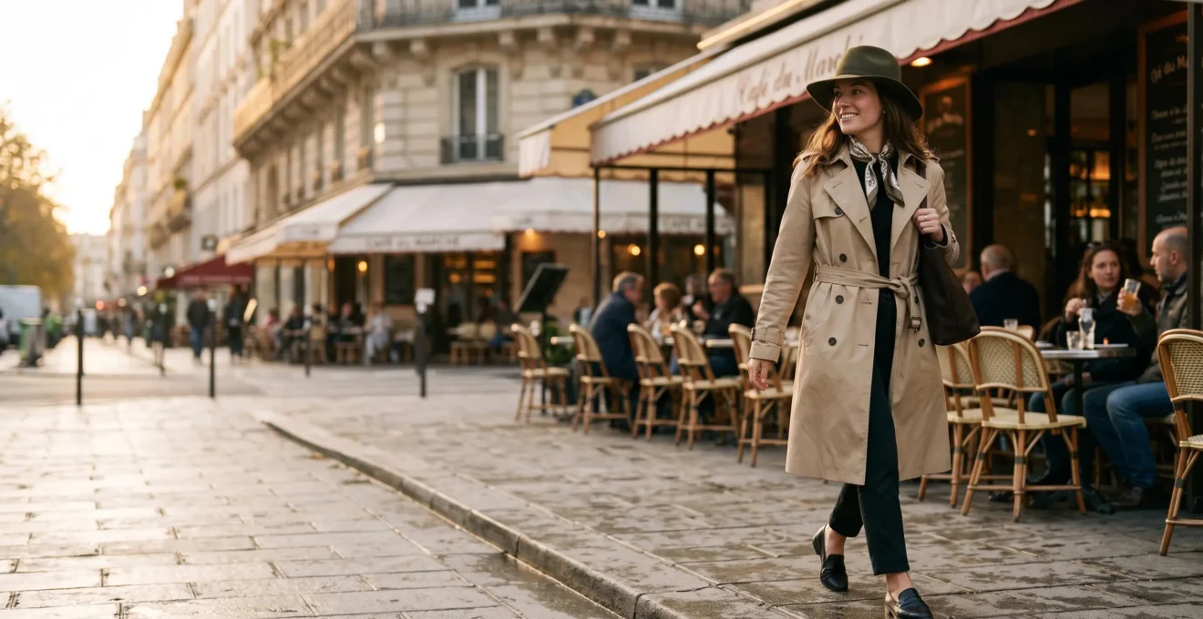 Femme élégante portant un chapeau chic sur une terrasse parisienne, incarnant un style naturel et non déguisé