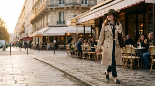 Femme élégante portant un chapeau chic sur une terrasse parisienne, incarnant un style naturel et non déguisé