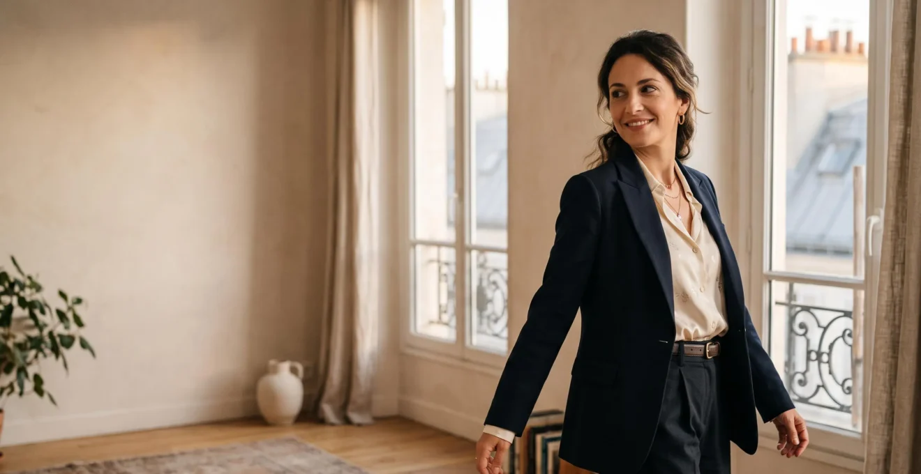 Femme francaise debout avec assurance dans un appartement parisien lumineux, illustrant une reconstruction identitaire a travers un changement de style vestimentaire radical