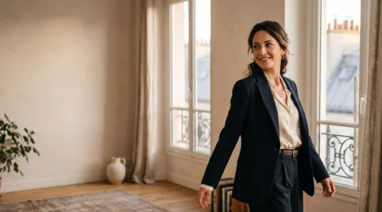 Femme francaise debout avec assurance dans un appartement parisien lumineux, illustrant une reconstruction identitaire a travers un changement de style vestimentaire radical