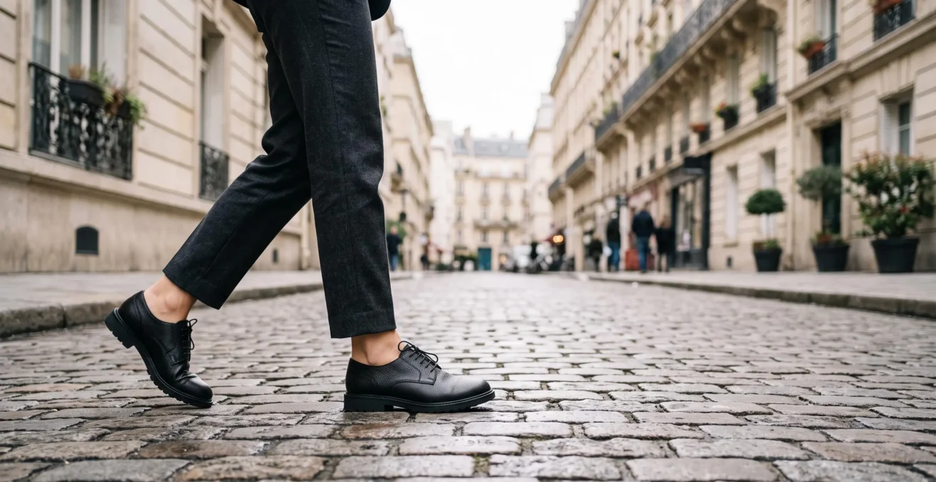 Silhouette élégante marchant sur un trottoir parisien avec des chaussures de ville confortables, illustrant l'équilibre entre style et bien-être