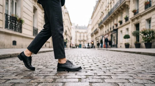 Silhouette élégante marchant sur un trottoir parisien avec des chaussures de ville confortables, illustrant l'équilibre entre style et bien-être