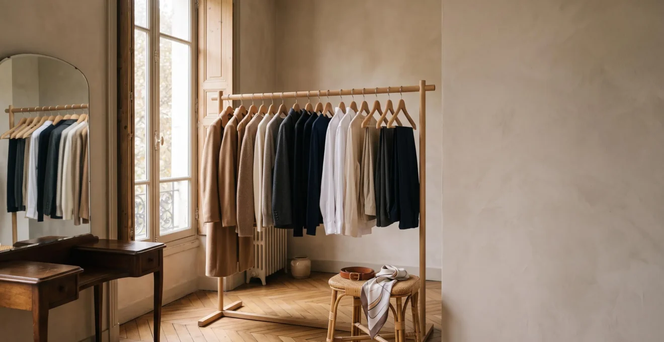 Dressing minimaliste à la parisienne avec vingt pièces intemporelles suspendues, alliant camaïeux de beige, marine et écru pour toutes les saisons