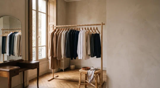 Dressing minimaliste à la parisienne avec vingt pièces intemporelles suspendues, alliant camaïeux de beige, marine et écru pour toutes les saisons