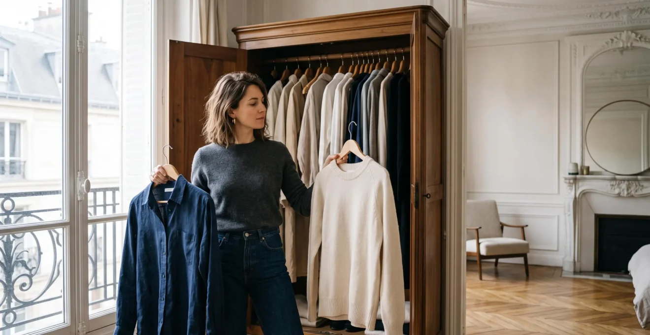 Femme choisissant une tenue polyvalente parmi un dressing minimaliste et organise dans un appartement parisien lumineux