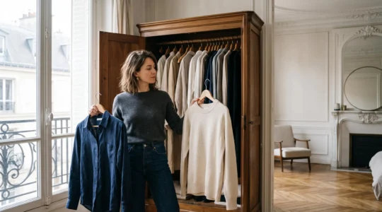 Femme choisissant une tenue polyvalente parmi un dressing minimaliste et organise dans un appartement parisien lumineux