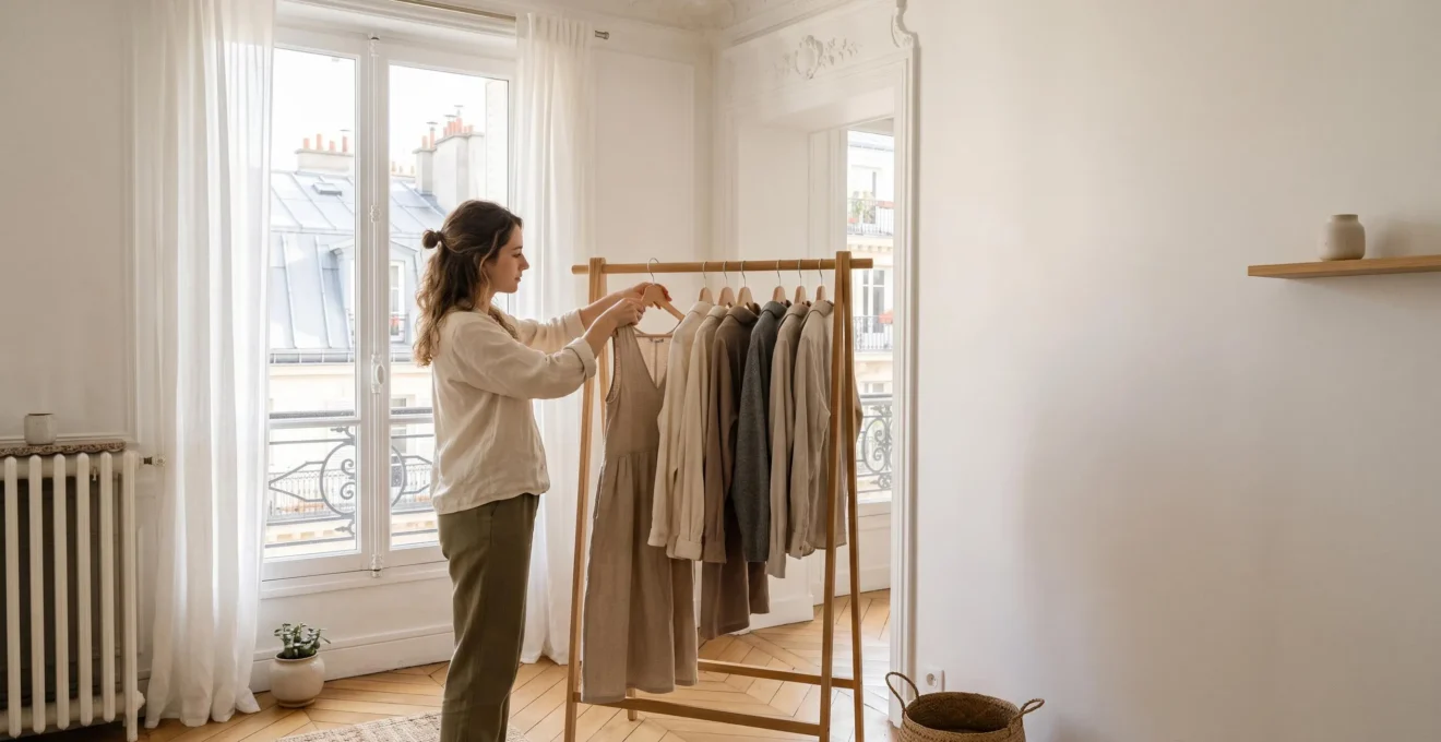 Jeune femme triant une garde-robe ethique minimaliste dans un appartement parisien baigne de lumiere naturelle